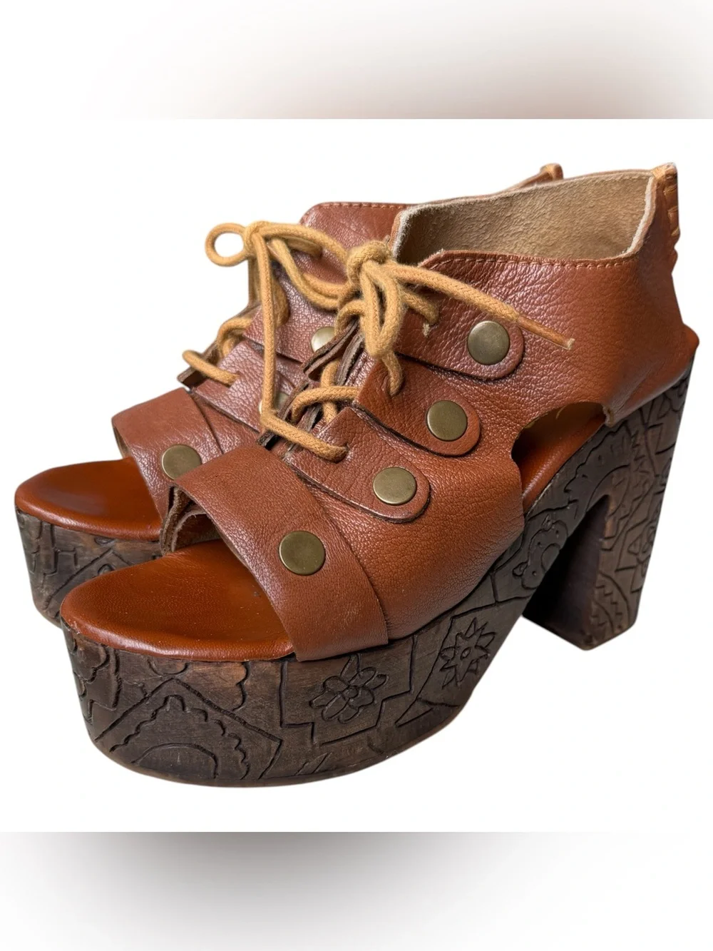 Free People Platform Clog Heels Womens 38 7.5 Brown Leather Wood Farrah Lace Up